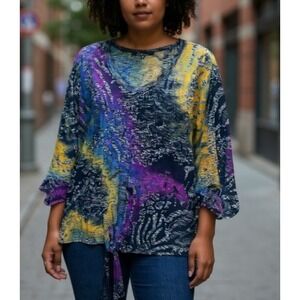 Calessa‎ Womens Artsy Tie Blouse Top Animal Print Abstract Stretchy Plus Size 3X